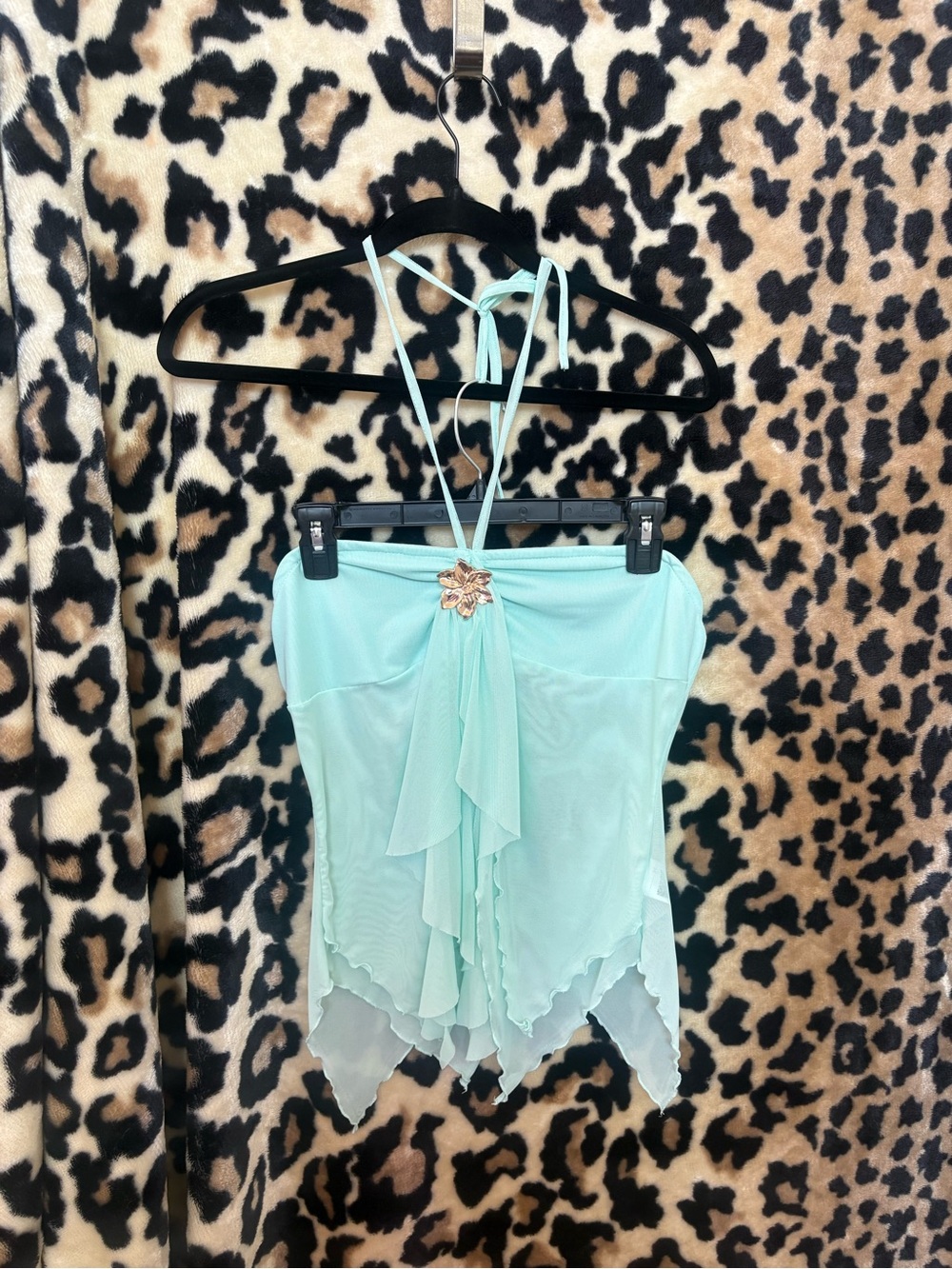 SHEIN Mint Green Halter Tank with Floral Brooch